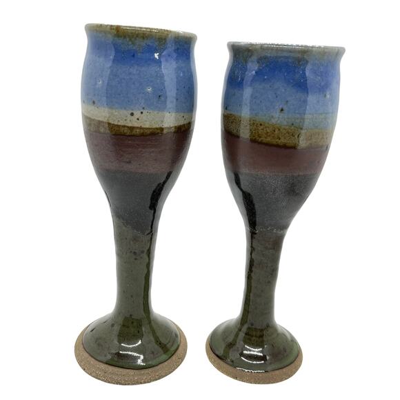 Wine Goblets Flutes Set of Four Ceramic Handmade 1984 Vintage Blue Brown Retro - Picture 4 of 16